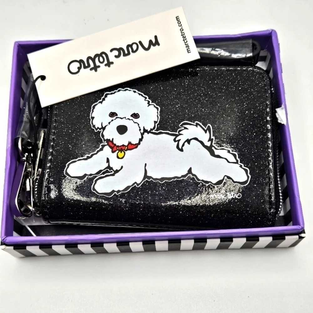 NEW Marc Tetro White Bichon Frise Dog Black Glitter Wristlet Wallet with Box